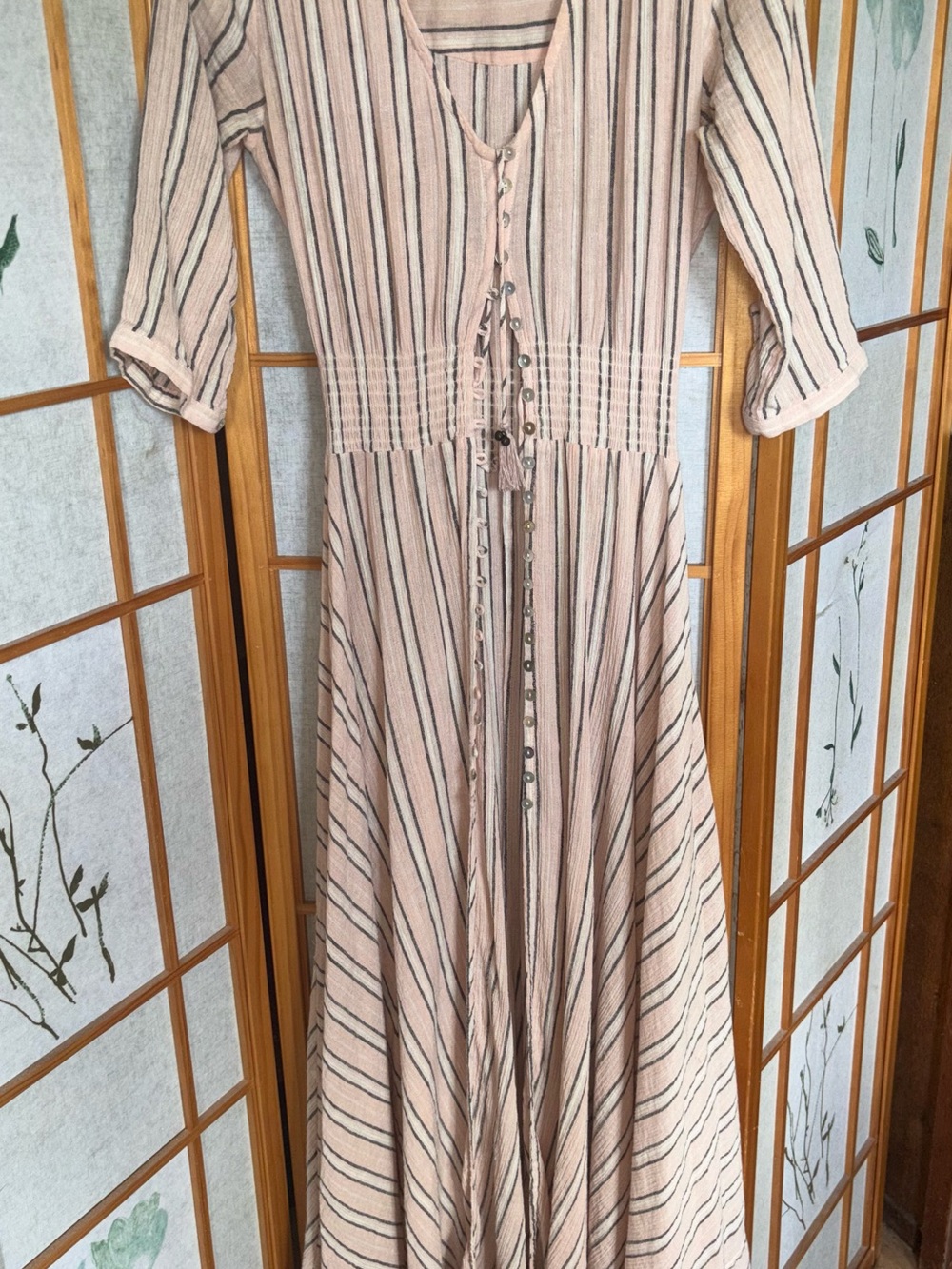 Spell Blush and Black Striped Tie-Front Maxi Dress also can be used as a kimono